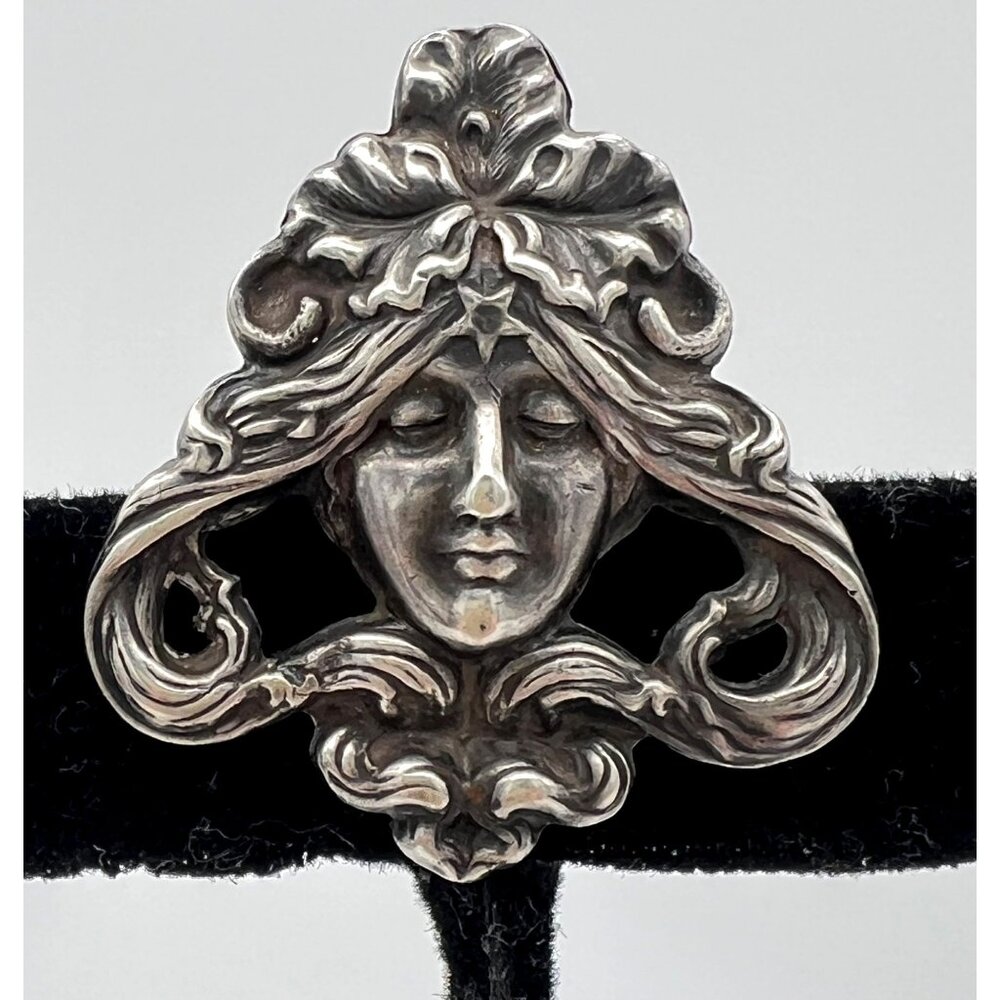 Antique Art Nouveau Sterling Silver Brooch Pin Repoussé Lady Goddess Face  925 - Picture 3 of 6